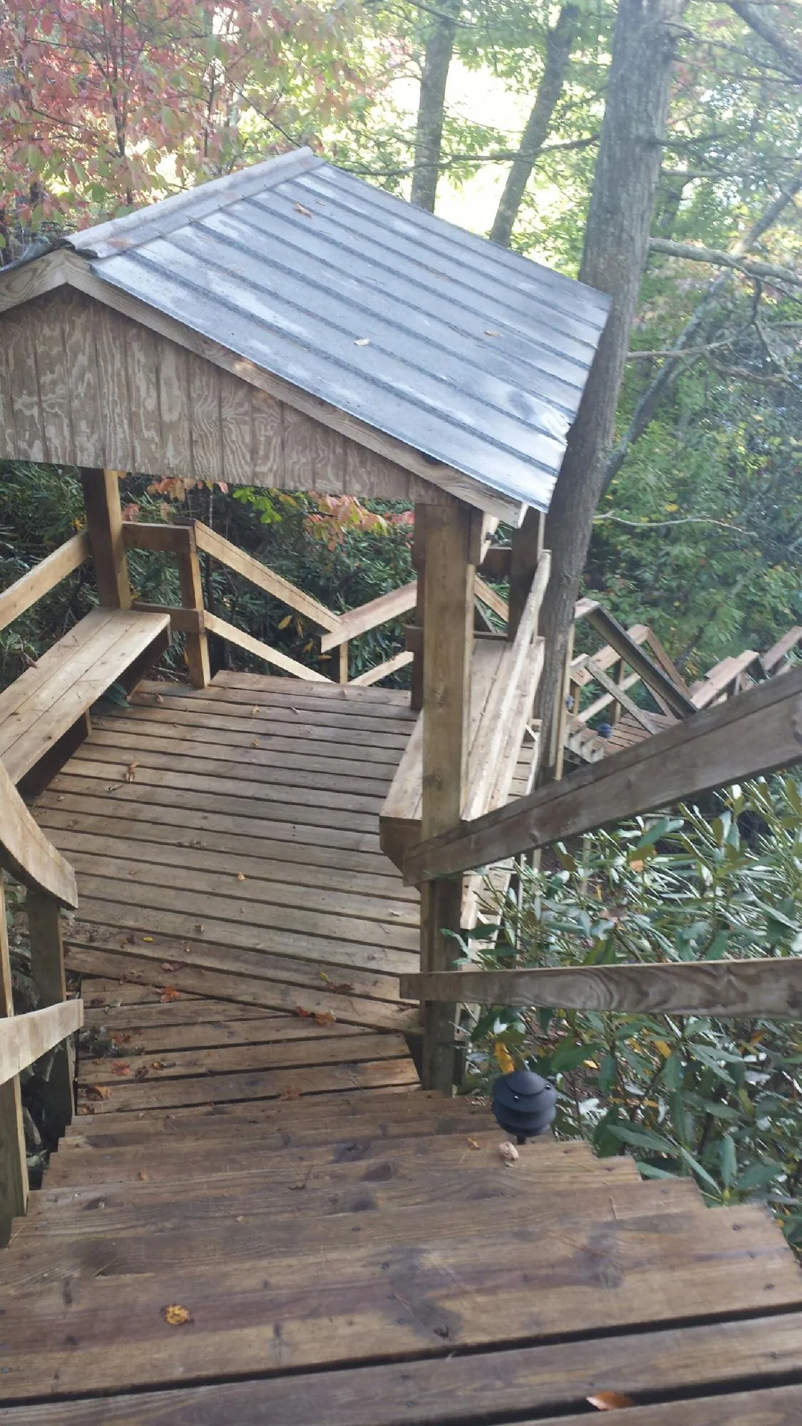 Metal roofed shelter over wooden steps on a wooded walkway — Skylight Repair & Installation work by our crew in Duanesburg